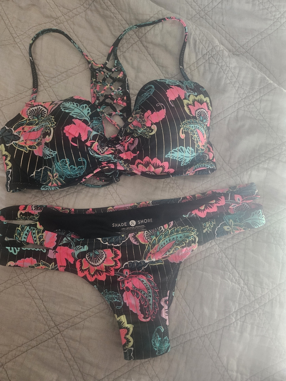 Shade & Shore Black Floral Lace-Up Push-Up Bikini Set - Pink & Teal